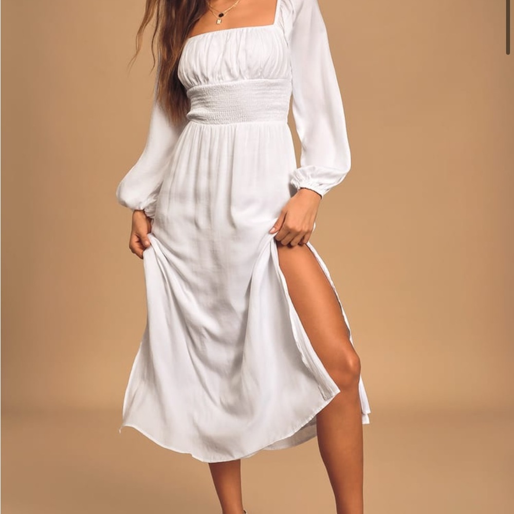 Moonlit Path White Smocked Long Sleeve Midi Dress